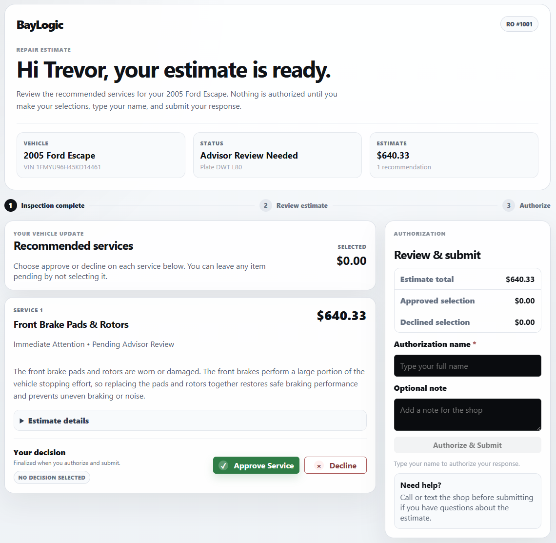BayLogic customer estimate approval portal