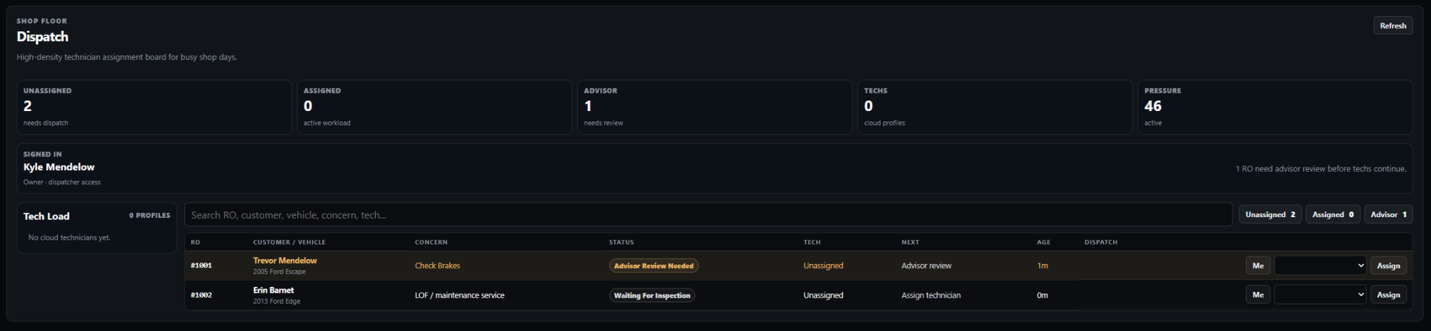 BayLogic dispatch board showing unassigned work and technician load