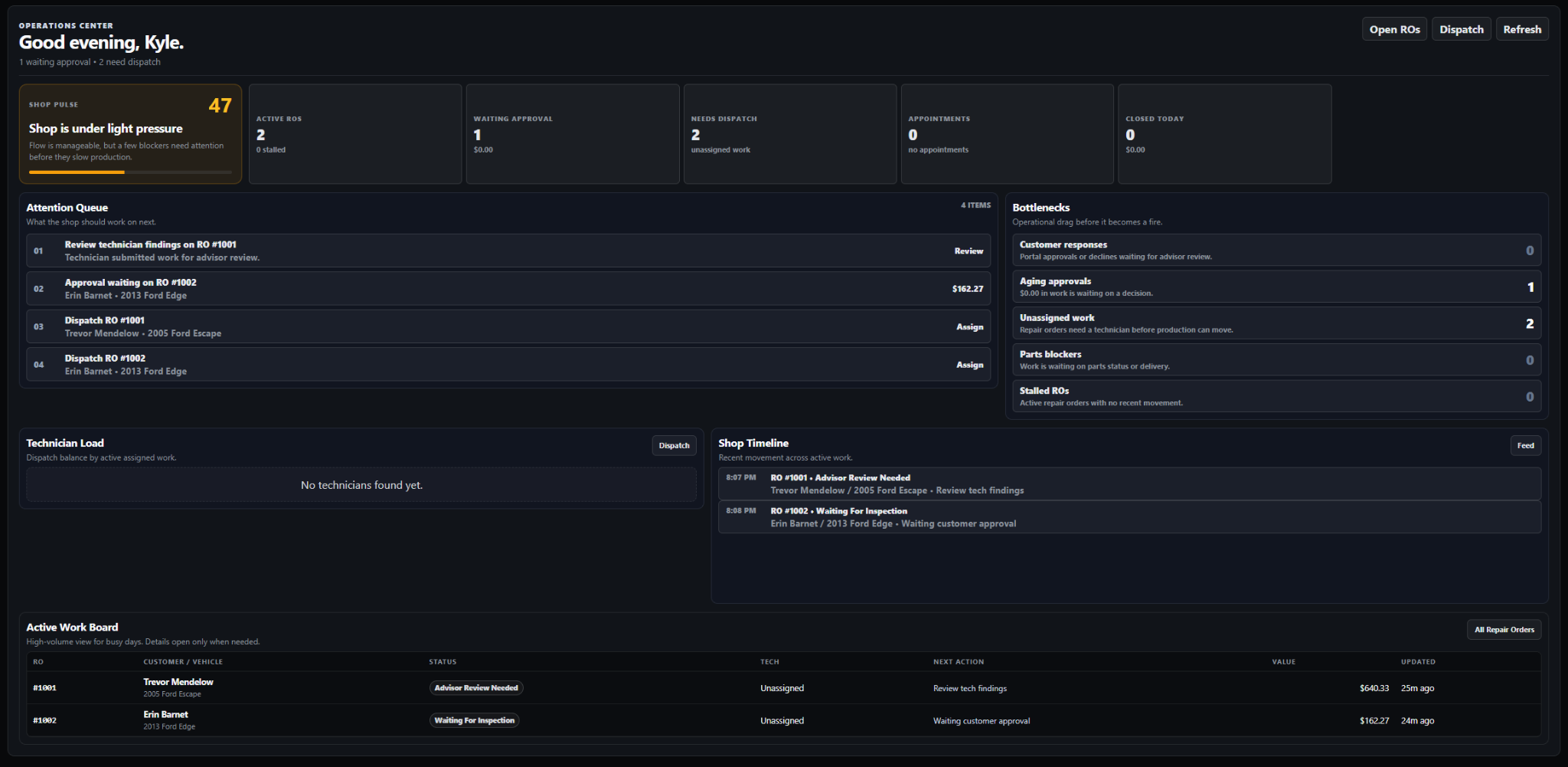 BayLogic operations dashboard showing shop pulse, attention queue, bottlenecks, and active work board