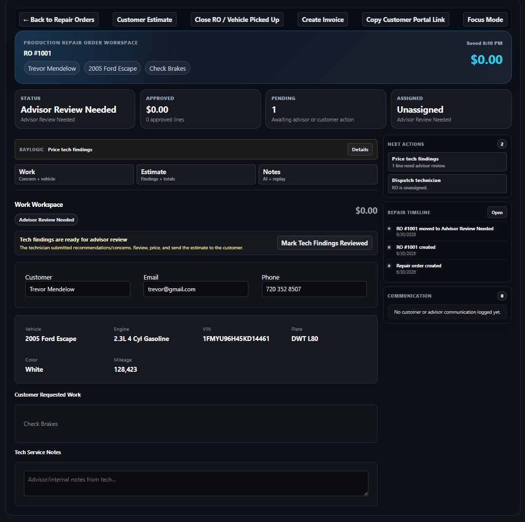 BayLogic repair order workspace for advisor review, customer details, vehicle info, next actions, and repair timeline